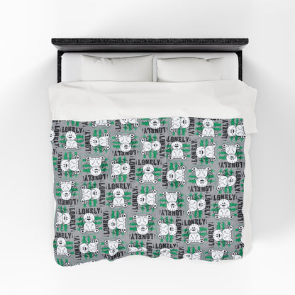 "Lonely" Teddy Bear Graphic Velveteen Plush Blanket – Soft Grey Throw for Home Decor – Introspective Streetwear Style