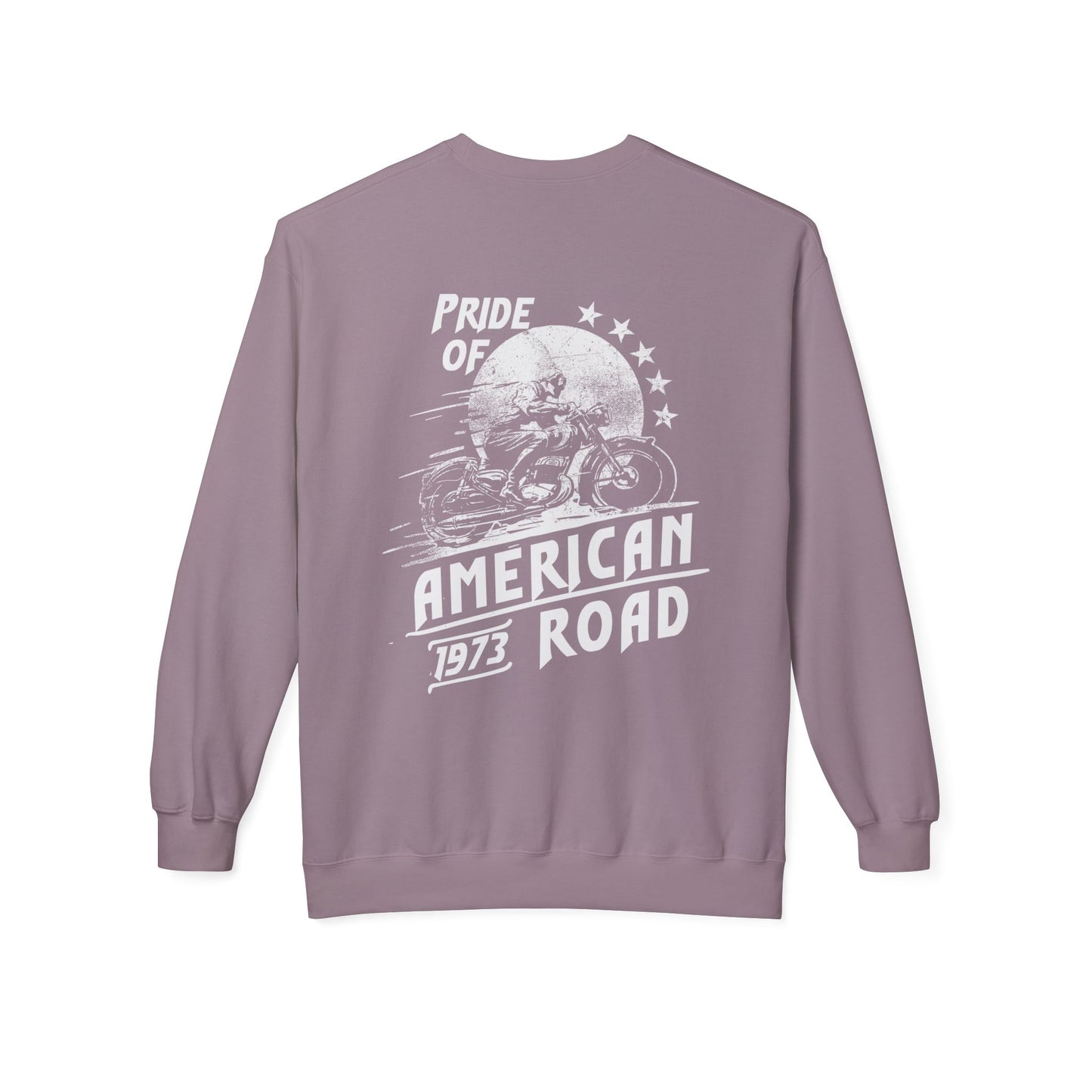 Pride of American Road Crewneck Sweatshirt, Cozy Unisex Fleece Top, Ideal Gift for Bikers, Road Trip Apparel, 1973 Vintage Style