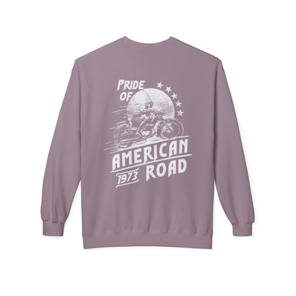 Pride of American Road Crewneck Sweatshirt, Cozy Unisex Fleece Top, Ideal Gift for Bikers, Road Trip Apparel, 1973 Vintage Style