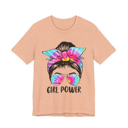 Girl Power Tie-Dye Tee, Unisex Short Sleeve Shirt, Feminist Apparel, Gift for Her, Casual Everyday Wear, Birthday Present Heather Peach