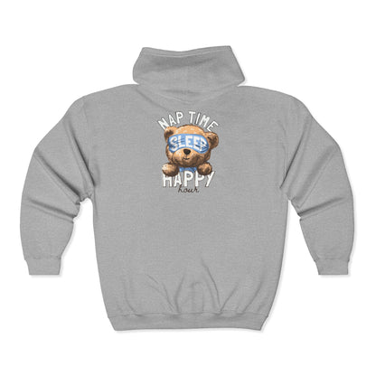 Hooded Sweatshirt Nap Time Happy Hour Teddy Bear Embroidered Zip-Up