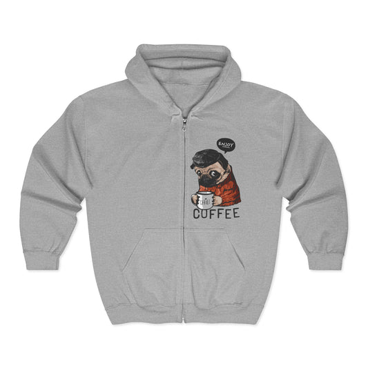 Coffee-Loving Pug Hoodie with Funny Graphic, Cozy Gift for Dog Lovers, Unisex Zip-Up Sweatshirt, Cute Pet-Themed Apparel Sport Grey
