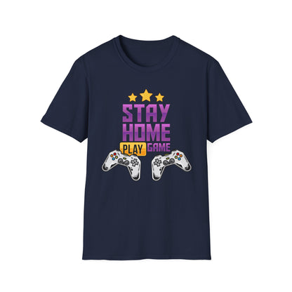 Stay Home Play Game Unisex Softstyle T-Shirt, Gamer Gift, Video Game Tee, Casual Wear, Birthday Present, Gaming Apparel Navy