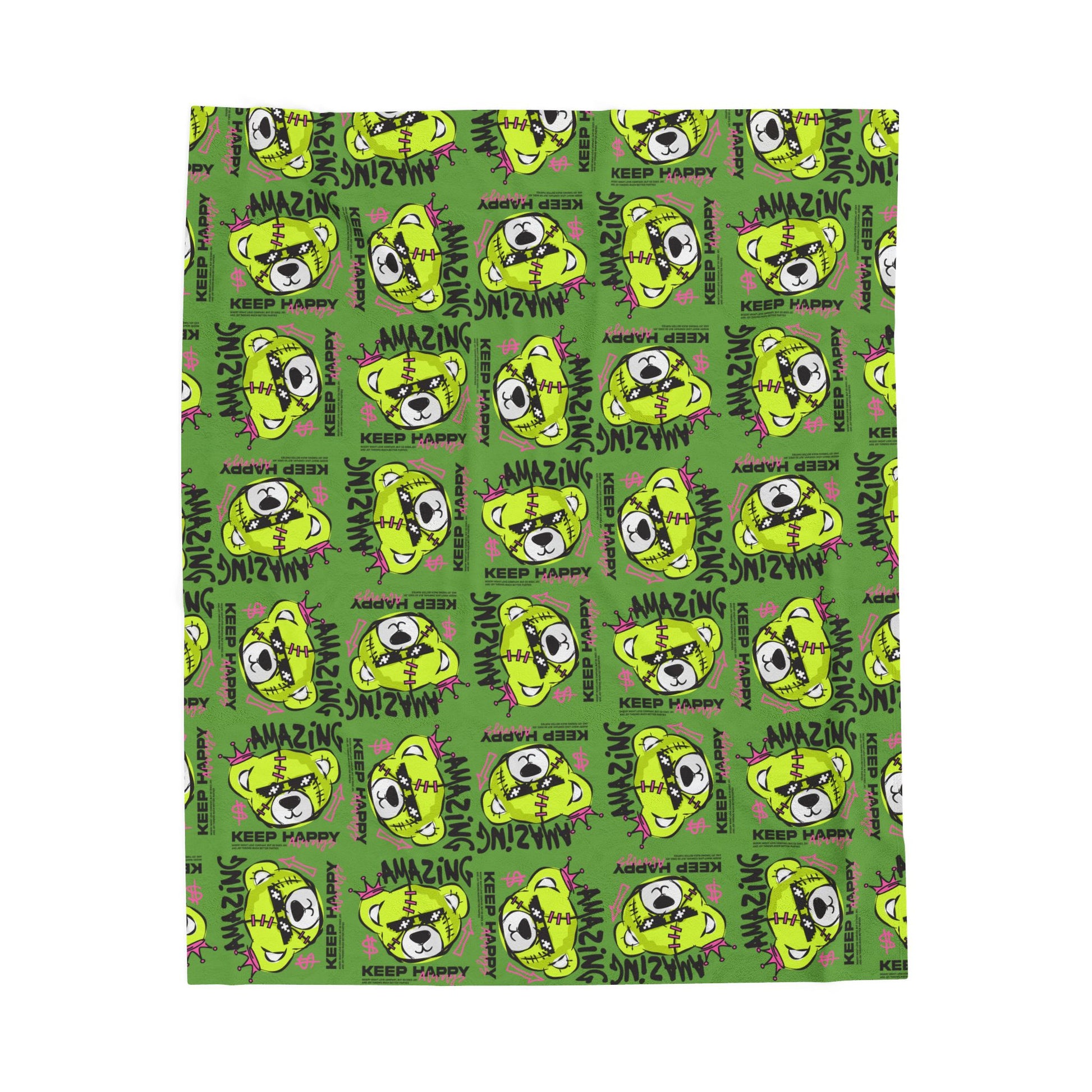 "Amazing" Green Bear Graphic Velveteen Plush Blanket – Soft Throw with "Keep Happy" Quote – Urban Streetwear Home Decor