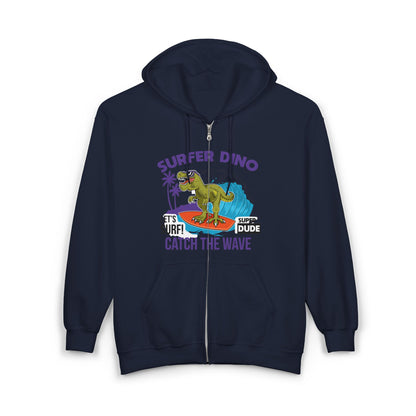 Surfer Dino Full Zip Hoodie - Catch the Wave, Surfing Sweatshirt for Beach Lovers, Gifts for Dino Enthusiasts, Fun Casual Wear