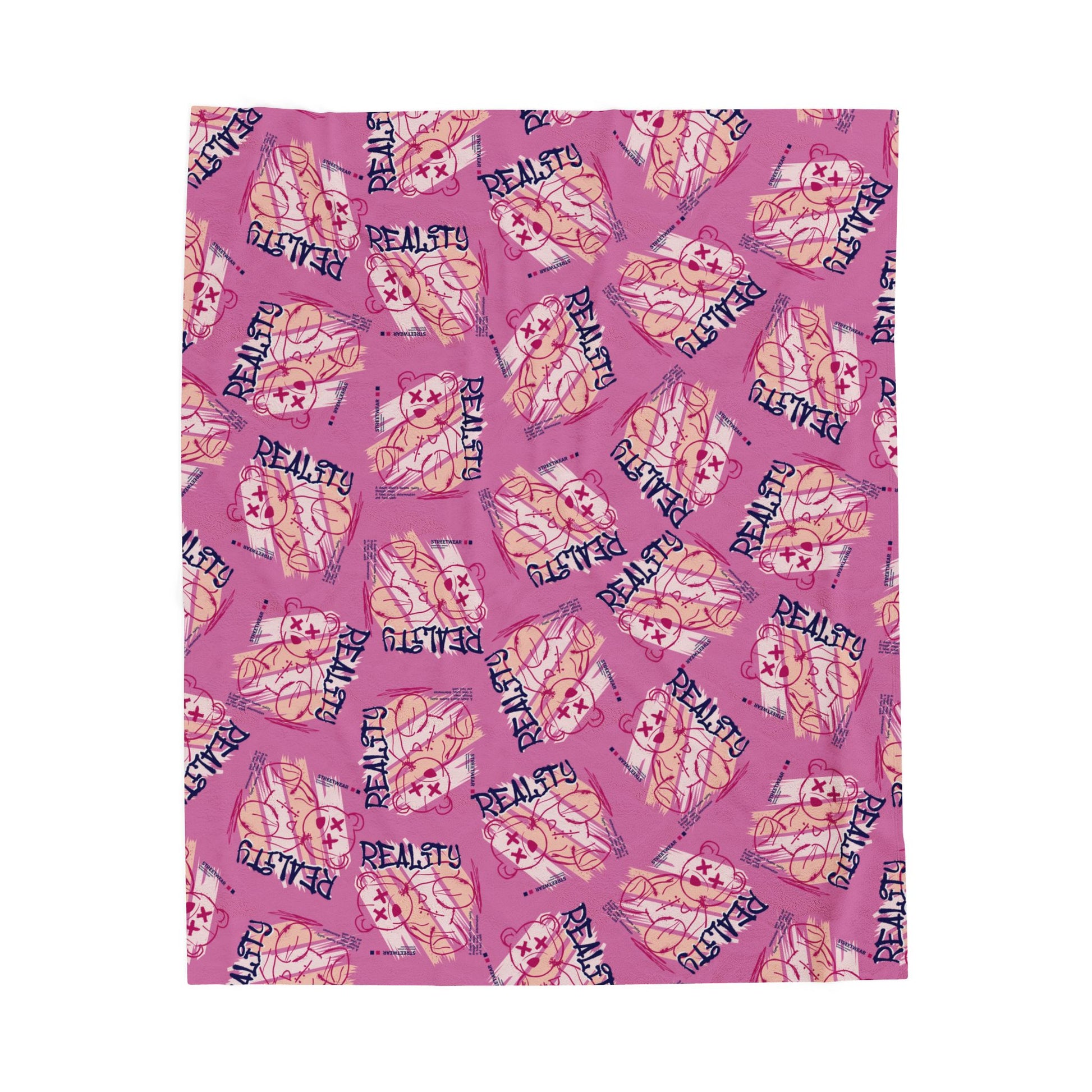 "Reality" Edgy Teddy Bear Graphic Velveteen Plush Blanket – Pink Soft Throw for Modern Home Decor – Streetwear Style