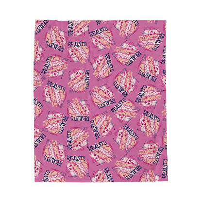 "Reality" Edgy Teddy Bear Graphic Velveteen Plush Blanket – Pink Soft Throw for Modern Home Decor – Streetwear Style