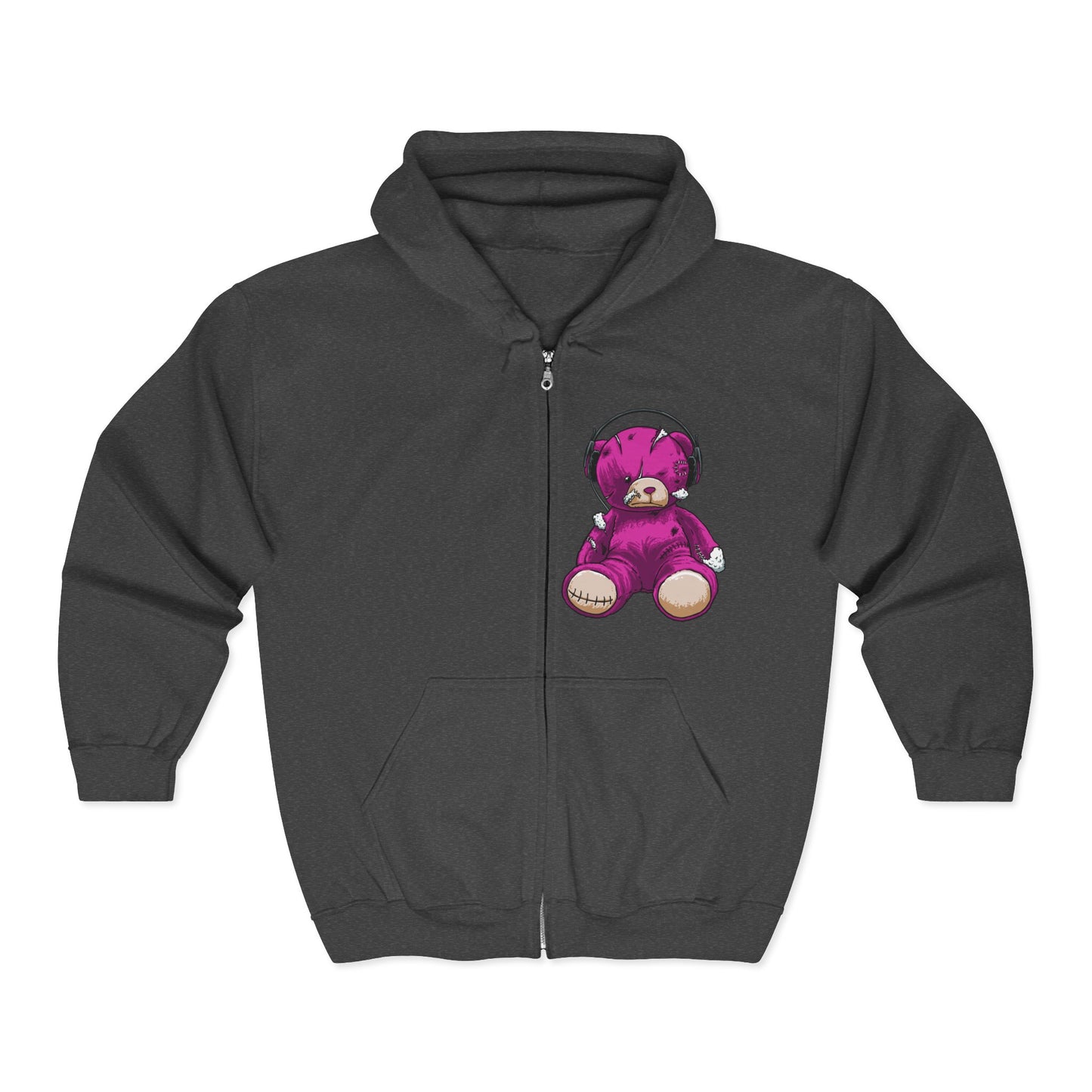 Cute Teddy Bear Zip-Up Hoodie, Cozy Sweatshirt, Gift for Kids, Music Lover's Apparel, Birthday Present, Casual Wear Dark Heather