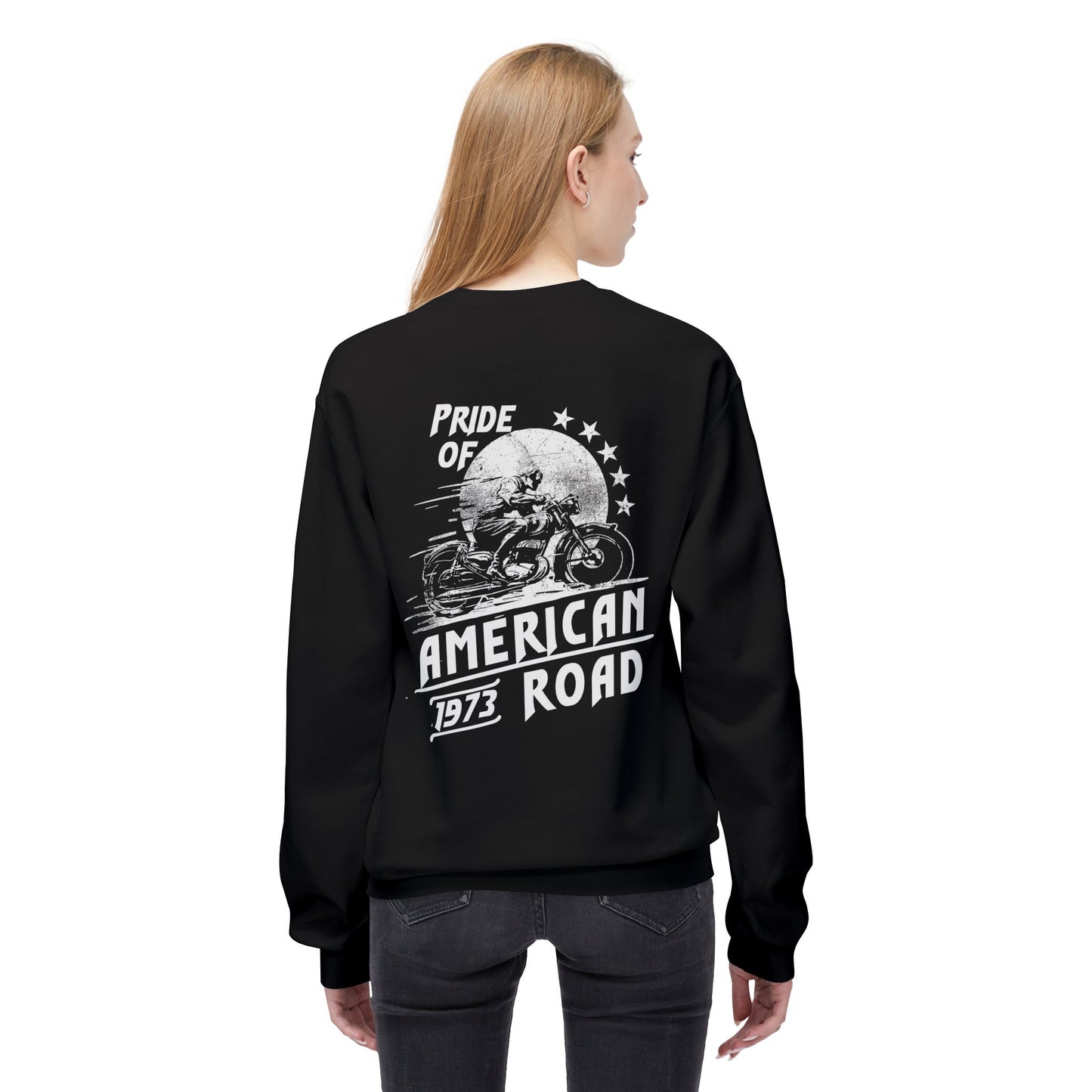 Pride of American Road Crewneck Sweatshirt, Cozy Unisex Fleece Top, Ideal Gift for Bikers, Road Trip Apparel, 1973 Vintage Style