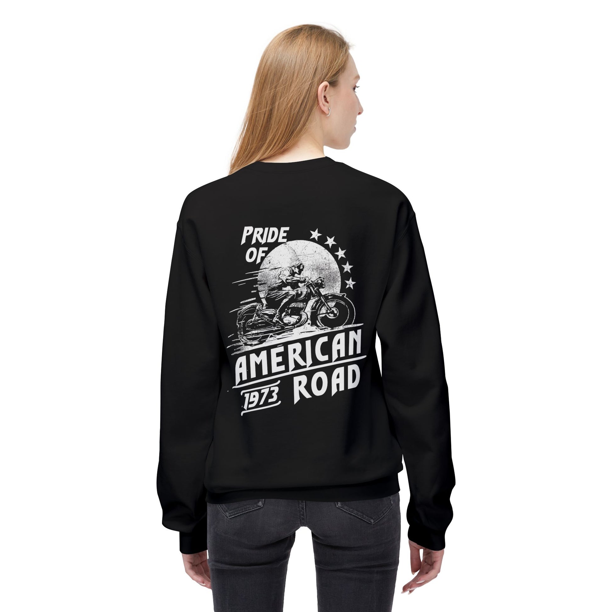 Pride of American Road Crewneck Sweatshirt, Cozy Unisex Fleece Top, Ideal Gift for Bikers, Road Trip Apparel, 1973 Vintage Style