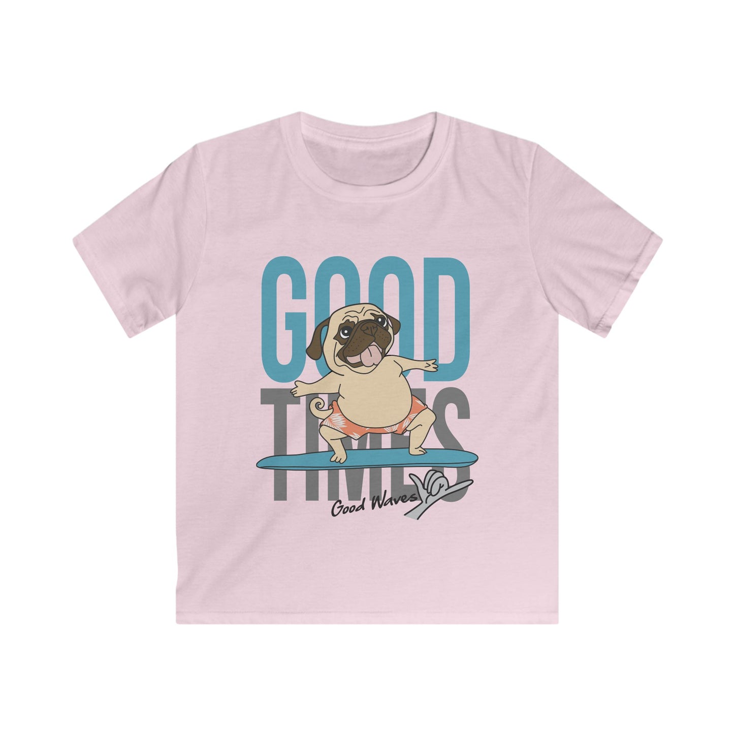 Kids Pug Surfing Tee, Fun Summer Shirt, Cute Dog Apparel, Perfect Gift for Kids, Beach Party Essential, Vacation Outfit Light Pink