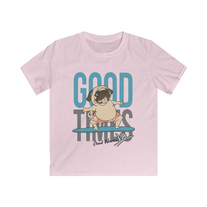 Kids Pug Surfing Tee, Fun Summer Shirt, Cute Dog Apparel, Perfect Gift for Kids, Beach Party Essential, Vacation Outfit Light Pink