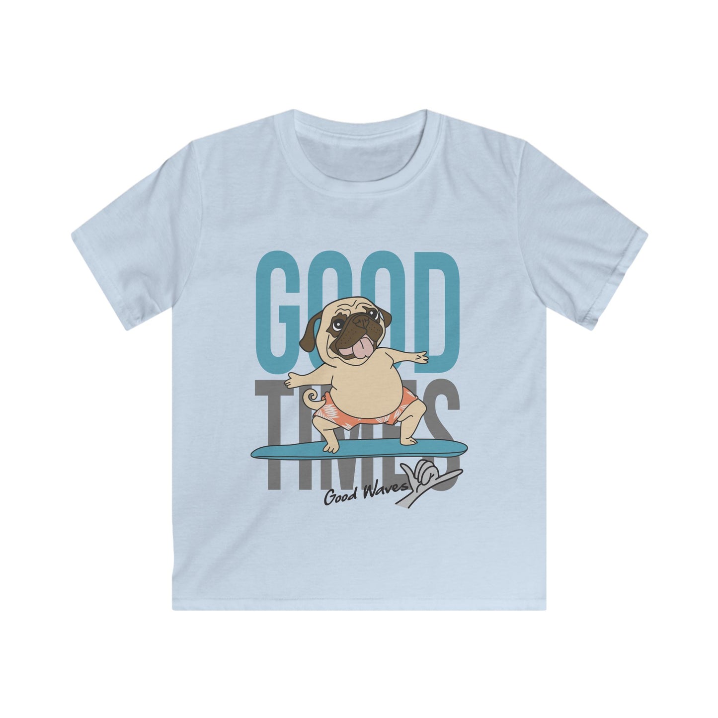 Kids Pug Surfing Tee, Fun Summer Shirt, Cute Dog Apparel, Perfect Gift for Kids, Beach Party Essential, Vacation Outfit XL Light Blue