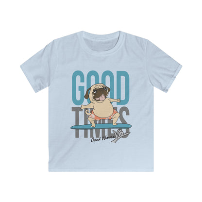 Kids Pug Surfing Tee, Fun Summer Shirt, Cute Dog Apparel, Perfect Gift for Kids, Beach Party Essential, Vacation Outfit XL Light Blue