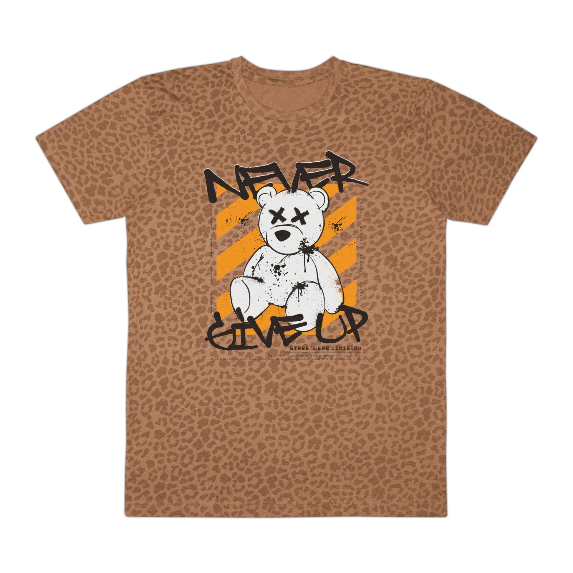 Men's Graphic Tee with Inspirational Message, Urban Style Casual Shirt, Gift for Friends, Everyday Wear, Never Give Up Tee Brown Leopard