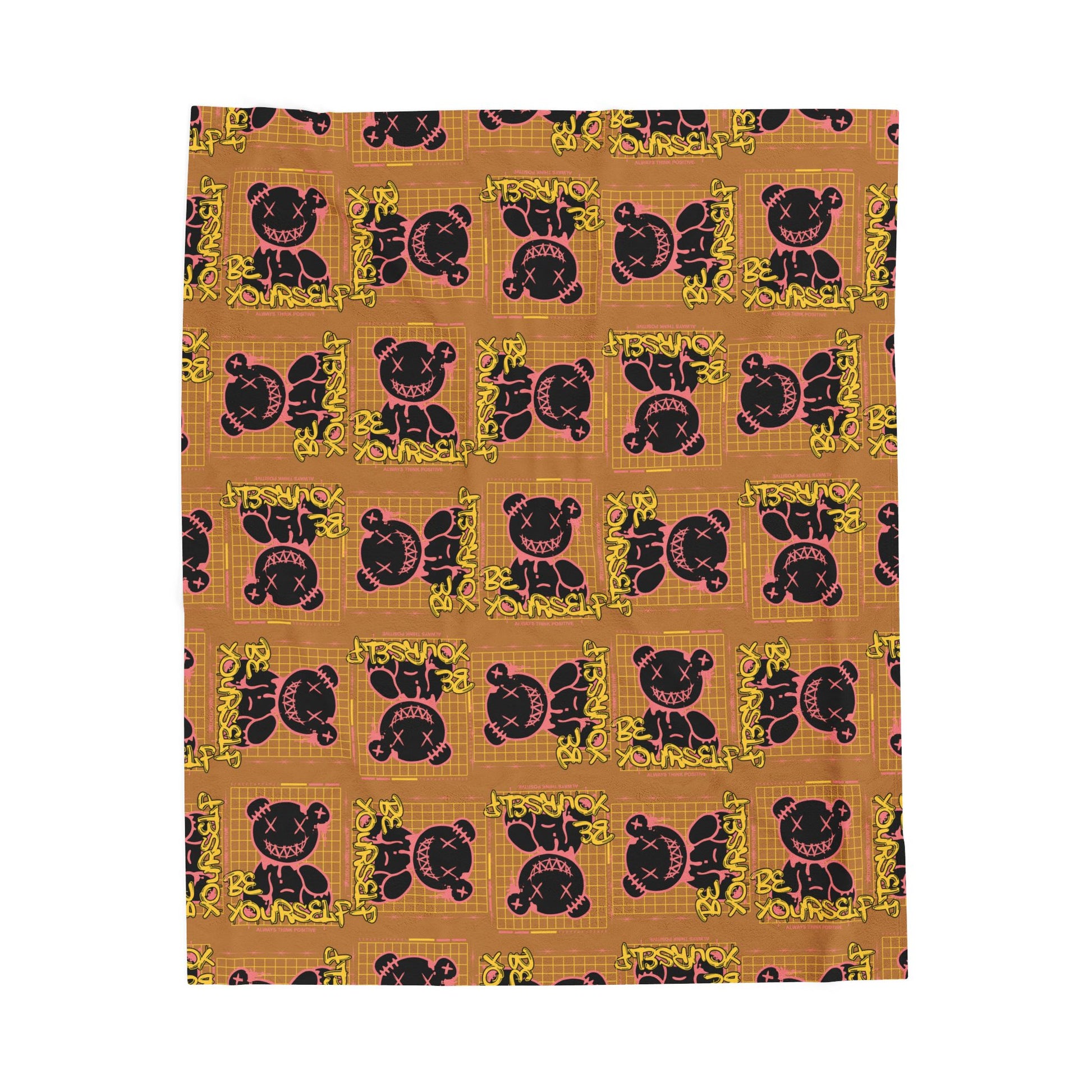 "Be Yourself" Edgy Bear Graphic Velveteen Plush Blanket – Brown Soft Throw for Streetwear Home Decor – Bold Statement