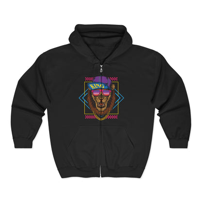 Retro Graphic Lion Full Zip Hoodie | Vintage Animal Sweatshirt, Cool Hooded Sweatshirt, Gift for Animal Lovers, Unisex Apparel Black