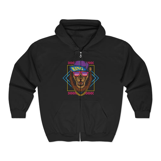 Retro Graphic Lion Full Zip Hoodie | Vintage Animal Sweatshirt, Cool Hooded Sweatshirt, Gift for Animal Lovers, Unisex Apparel Black