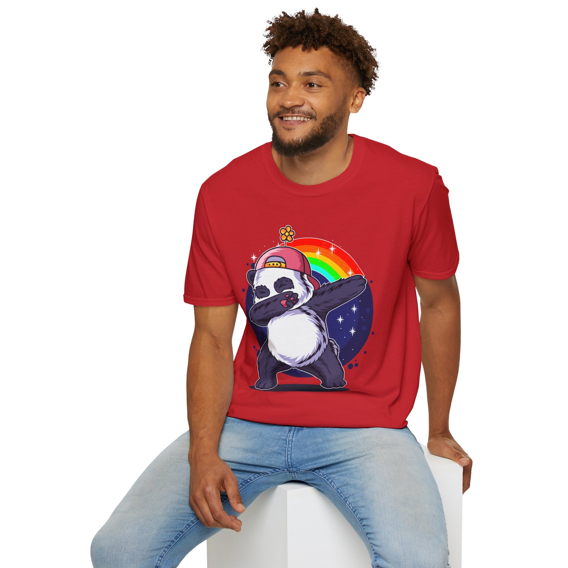 Rainbow Panda Unisex Softstyle T-Shirt, Cute Panda Tee, Gift for Animal Lovers, Fun Casual Wear, Birthday Present, Streetwear Fashion