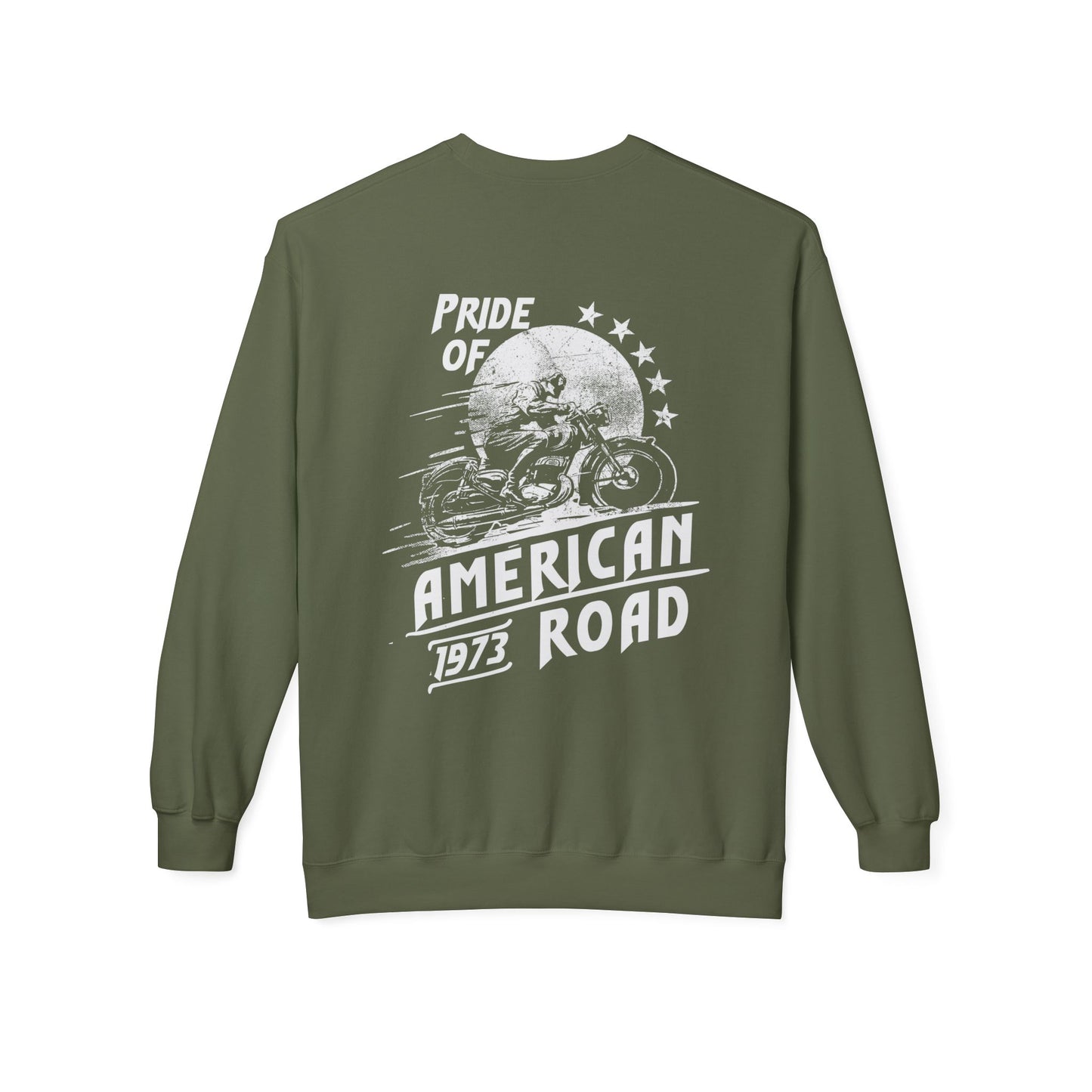 Pride of American Road Crewneck Sweatshirt, Cozy Unisex Fleece Top, Ideal Gift for Bikers, Road Trip Apparel, 1973 Vintage Style