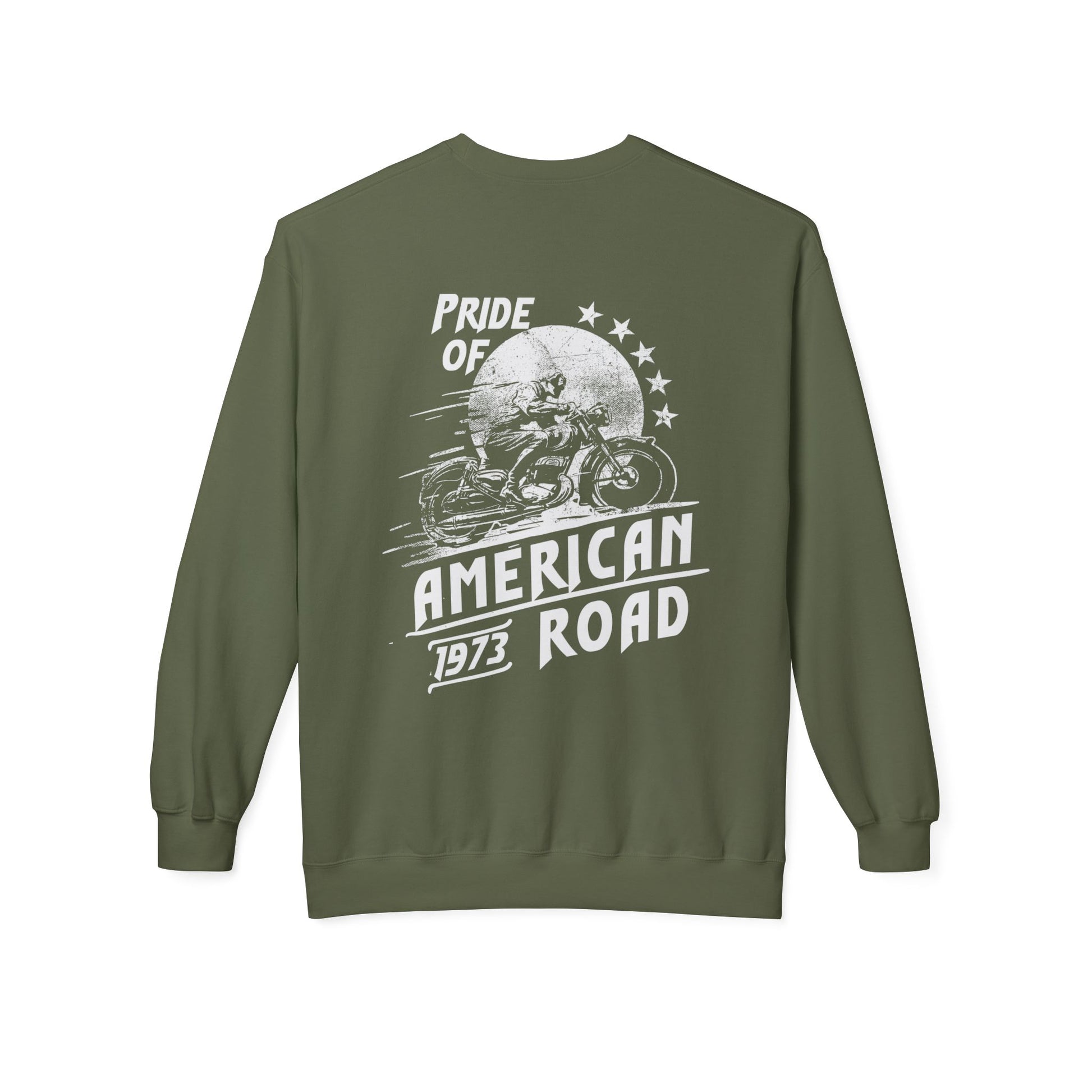 Pride of American Road Crewneck Sweatshirt, Cozy Unisex Fleece Top, Ideal Gift for Bikers, Road Trip Apparel, 1973 Vintage Style