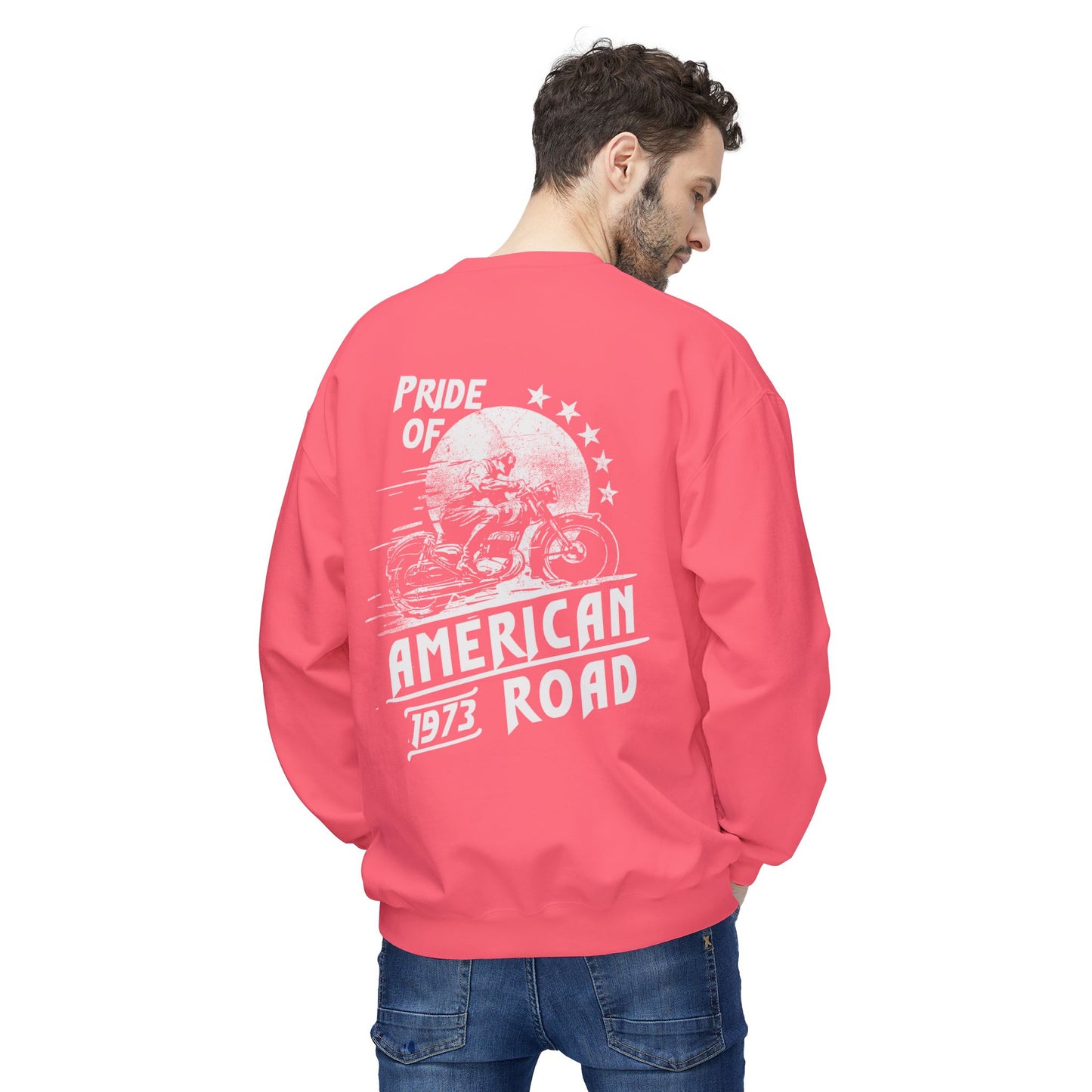 Pride of American Road Crewneck Sweatshirt, Cozy Unisex Fleece Top, Ideal Gift for Bikers, Road Trip Apparel, 1973 Vintage Style