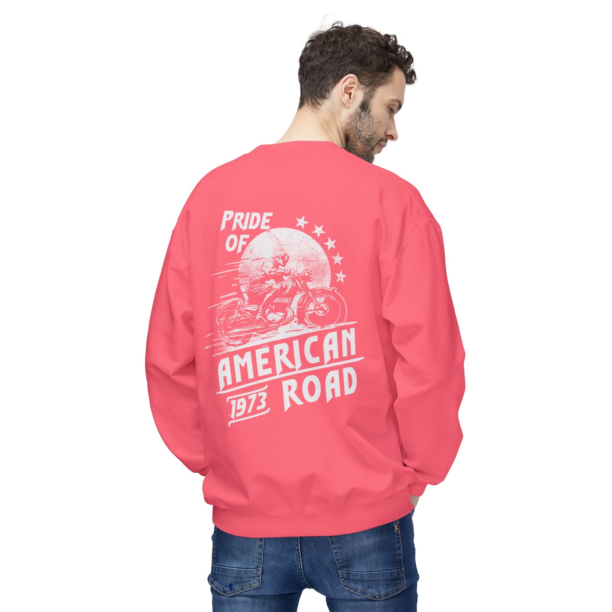 Pride of American Road Crewneck Sweatshirt, Cozy Unisex Fleece Top, Ideal Gift for Bikers, Road Trip Apparel, 1973 Vintage Style