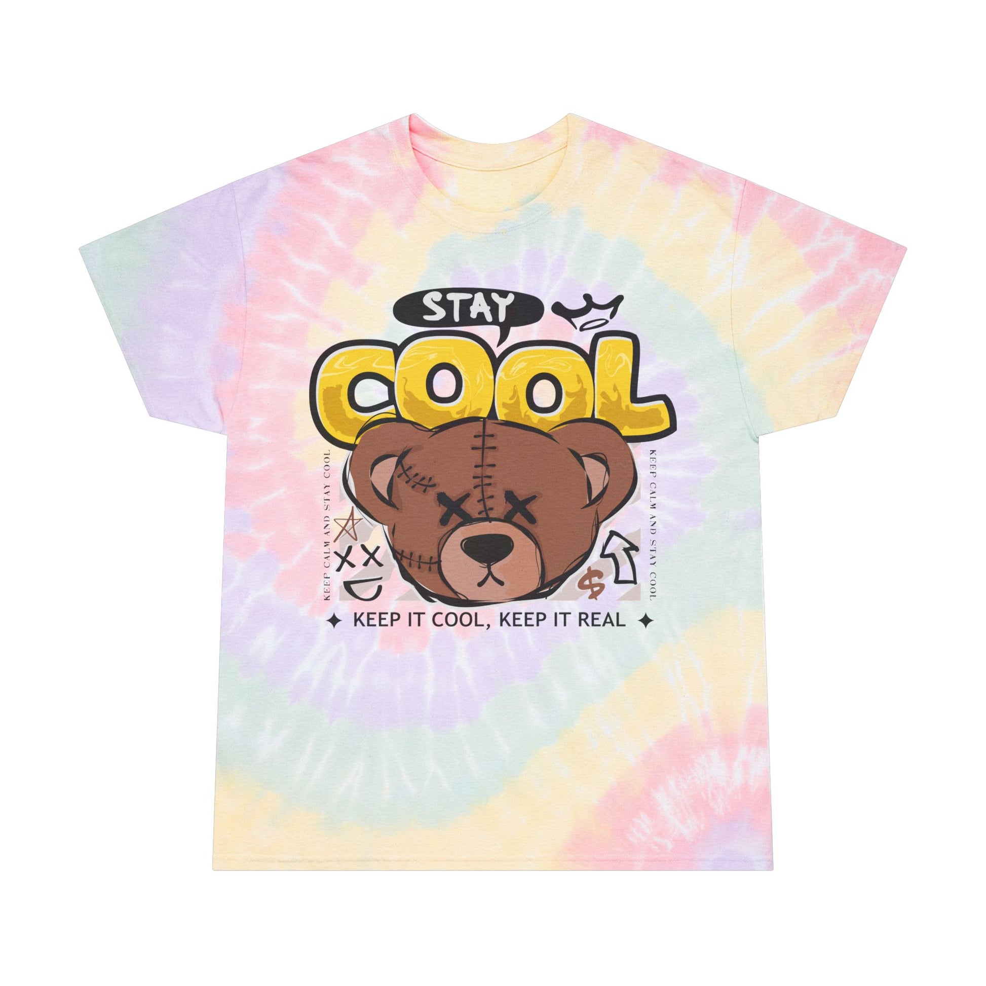 Unisex "Stay Cool" Tie Dye T-Shirt – Streetwear Graphic Tee with Brown Teddy Bear & Positive Quote – Soft Cotton Pastel Shirt
