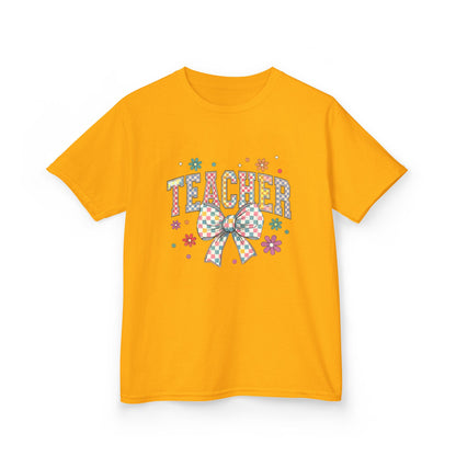 Teacher Kids Tee with Colorful Bow Design, Perfect for Back to School, Teacher Appreciation, Birthday Gift, Fun Classroom Wear Gold