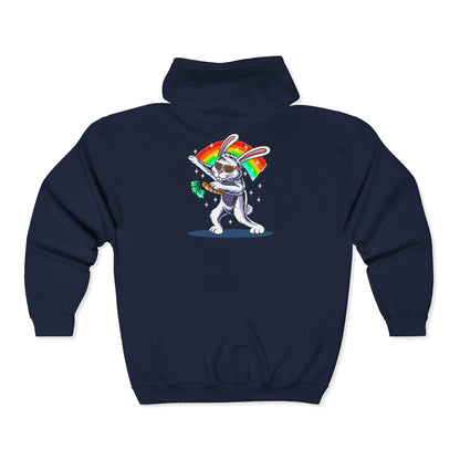 Colorful Bunny Zip-Up Hoodie, Unisex Rainbow Jacket, Fun Sweatshirt for All Occasions, Great Gift for Easter, Spring Celebrations