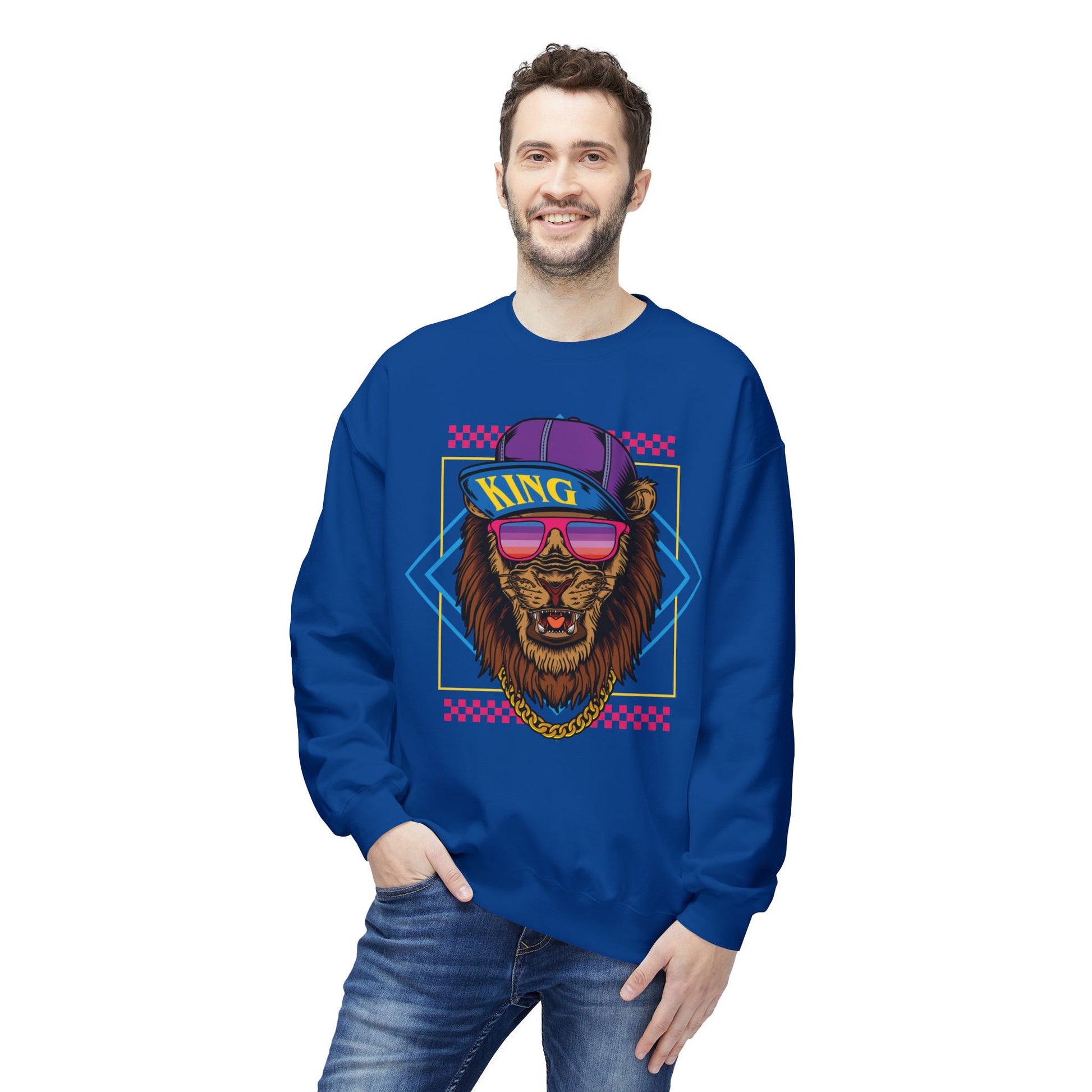 King Lion Graphic Crewneck Sweatshirt, Cozy Streetwear, Unisex Gift, Funny Animal Sweatshirt, Retro Style Apparel, Perfect for Any Occasion