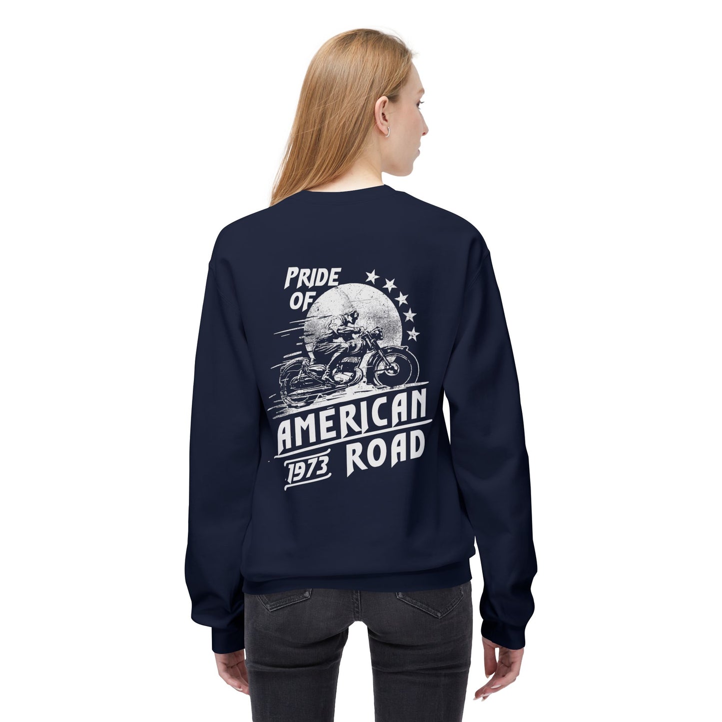 Pride of American Road Crewneck Sweatshirt, Cozy Unisex Fleece Top, Ideal Gift for Bikers, Road Trip Apparel, 1973 Vintage Style