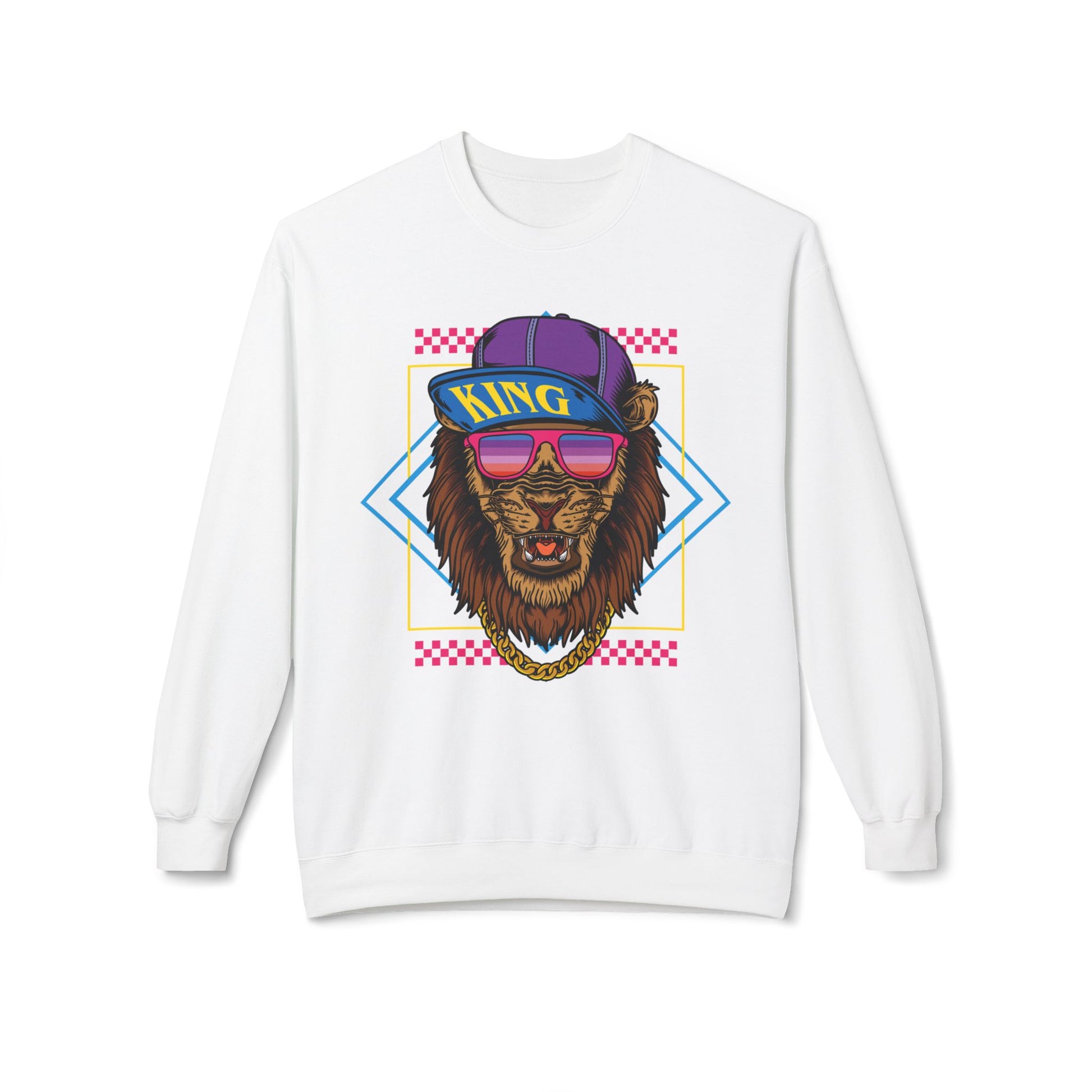 King Lion Graphic Crewneck Sweatshirt, Cozy Streetwear, Unisex Gift, Funny Animal Sweatshirt, Retro Style Apparel, Perfect for Any Occasion