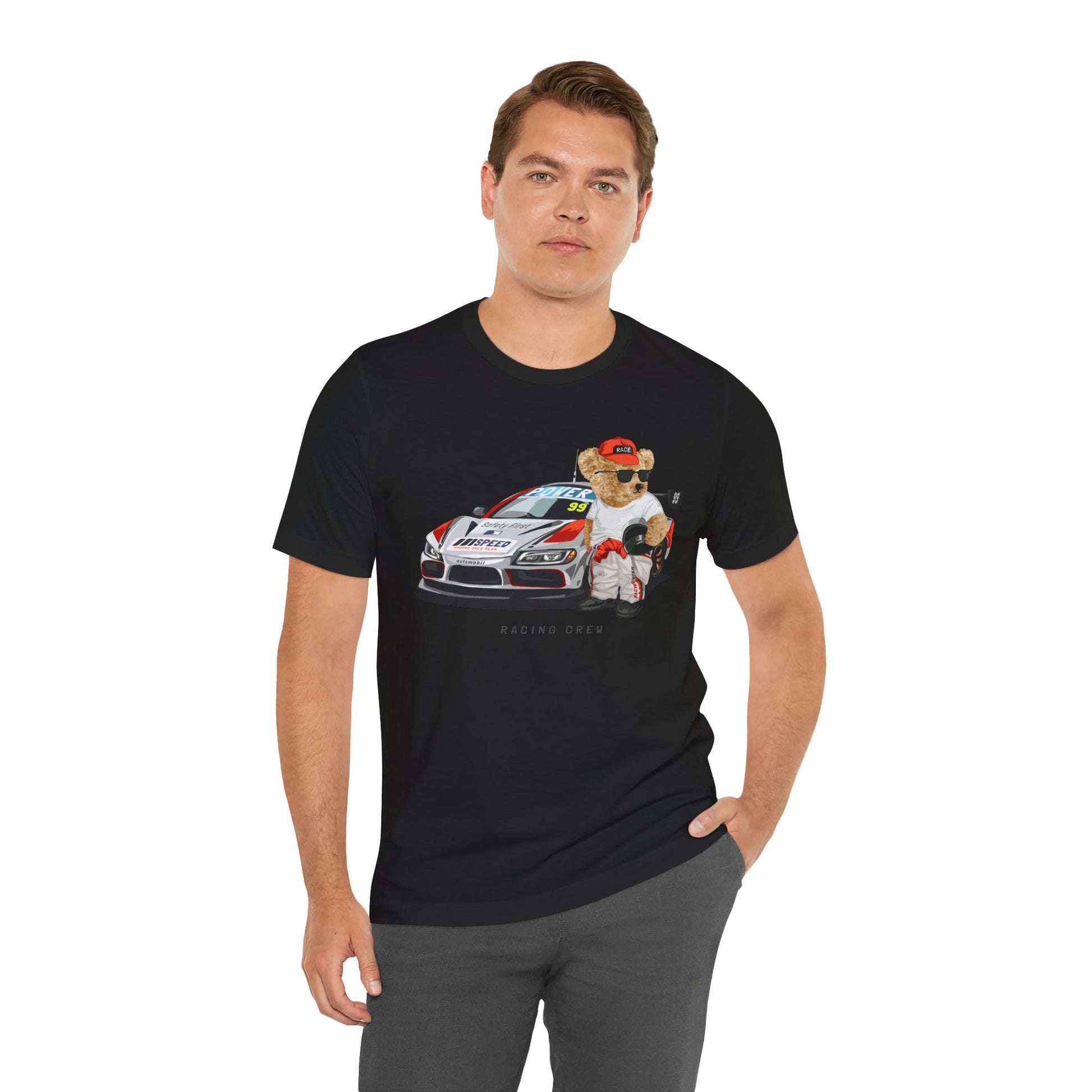 Racing Bear Short Sleeve Tee, Cool Car T-Shirt, Unisex Graphic Shirt, Perfect Gift for Racing Fans, Race Day Outfit