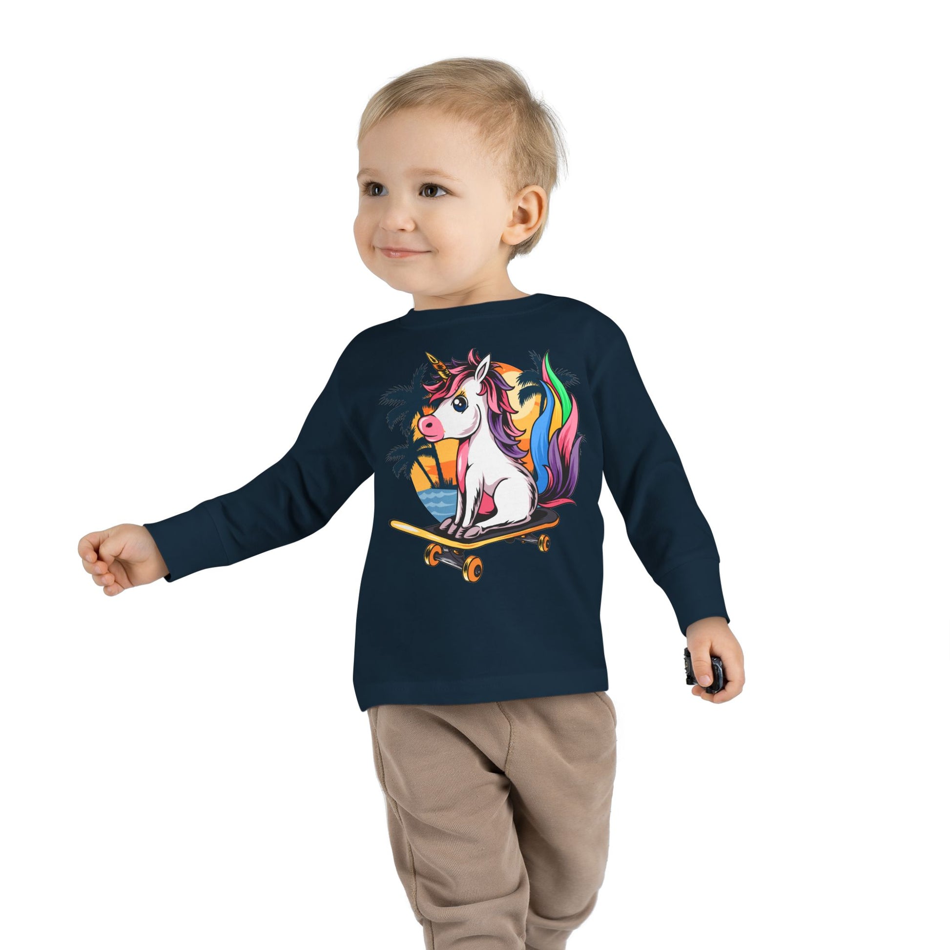 Skateboarding Unicorn Toddler Long Sleeve Tee, Cute Kids Shirt, Unicorn Lover Gift, Playful Toddler Outfit, Birthday Gift