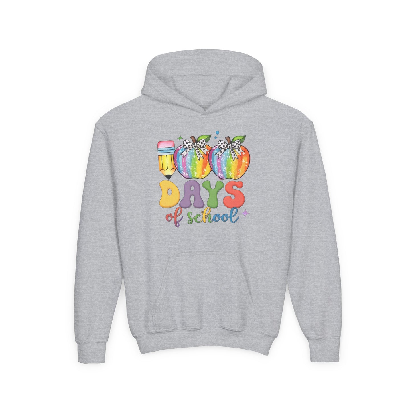 Colorful 100 Days of School Hoodie for Kids, Fun Sweatshirt for Students, Back to School Gift, Rainbow Apple Design, Classroom Sport Grey