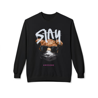 Stay Awesome Fleece Crewneck Sweatshirt for Cozy Vibes, Perfect Gift for Friends, Cute Casual Wear, Fun Retro Style, Ideal for Cold Days Black