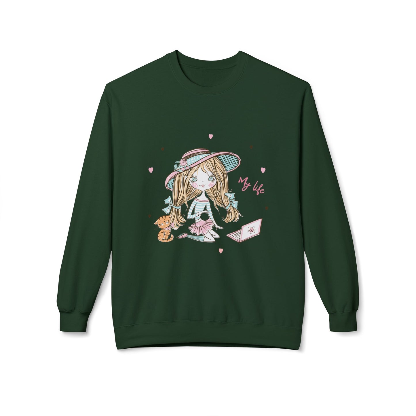 Cute Illustrated Crewneck Sweatshirt, Cozy Everyday Wear, Gift for Her, Fun Fashion, Casual Outfit, Birthday Present Forest Green