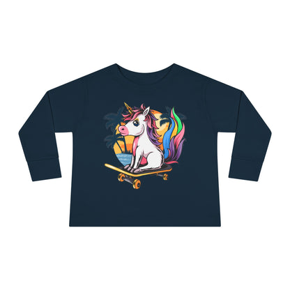 Skateboarding Unicorn Toddler Long Sleeve Tee, Cute Kids Shirt, Unicorn Lover Gift, Playful Toddler Outfit, Birthday Gift Navy