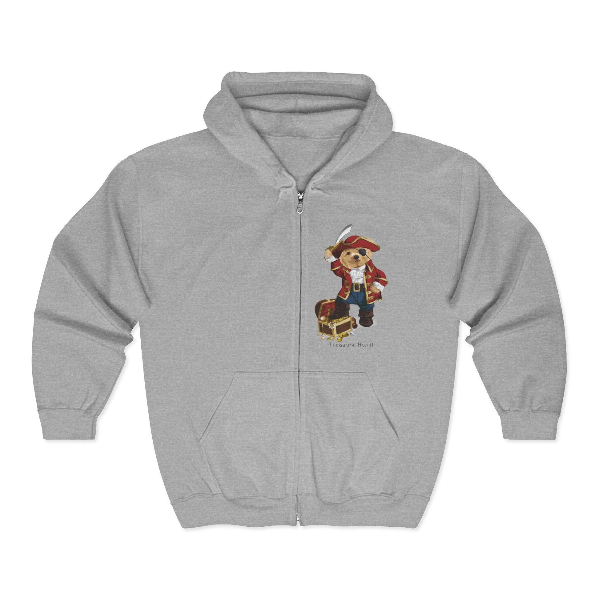 Pirate Bear Hoodie - Cozy Unisex Zip-Up Sweatshirt for Kids & Adults, Perfect for Birthdays, Halloween, or Gift-Giving Sport Grey