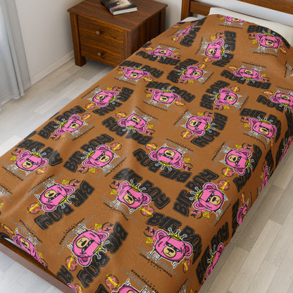 "Big Boy" Pink Bear Graphic Plush Blanket – Soft Velveteen Throw for Bed or Couch – Brown Urban Streetwear Home Decor 60" × 80"