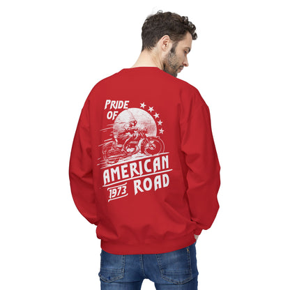 Pride of American Road Crewneck Sweatshirt, Cozy Unisex Fleece Top, Ideal Gift for Bikers, Road Trip Apparel, 1973 Vintage Style