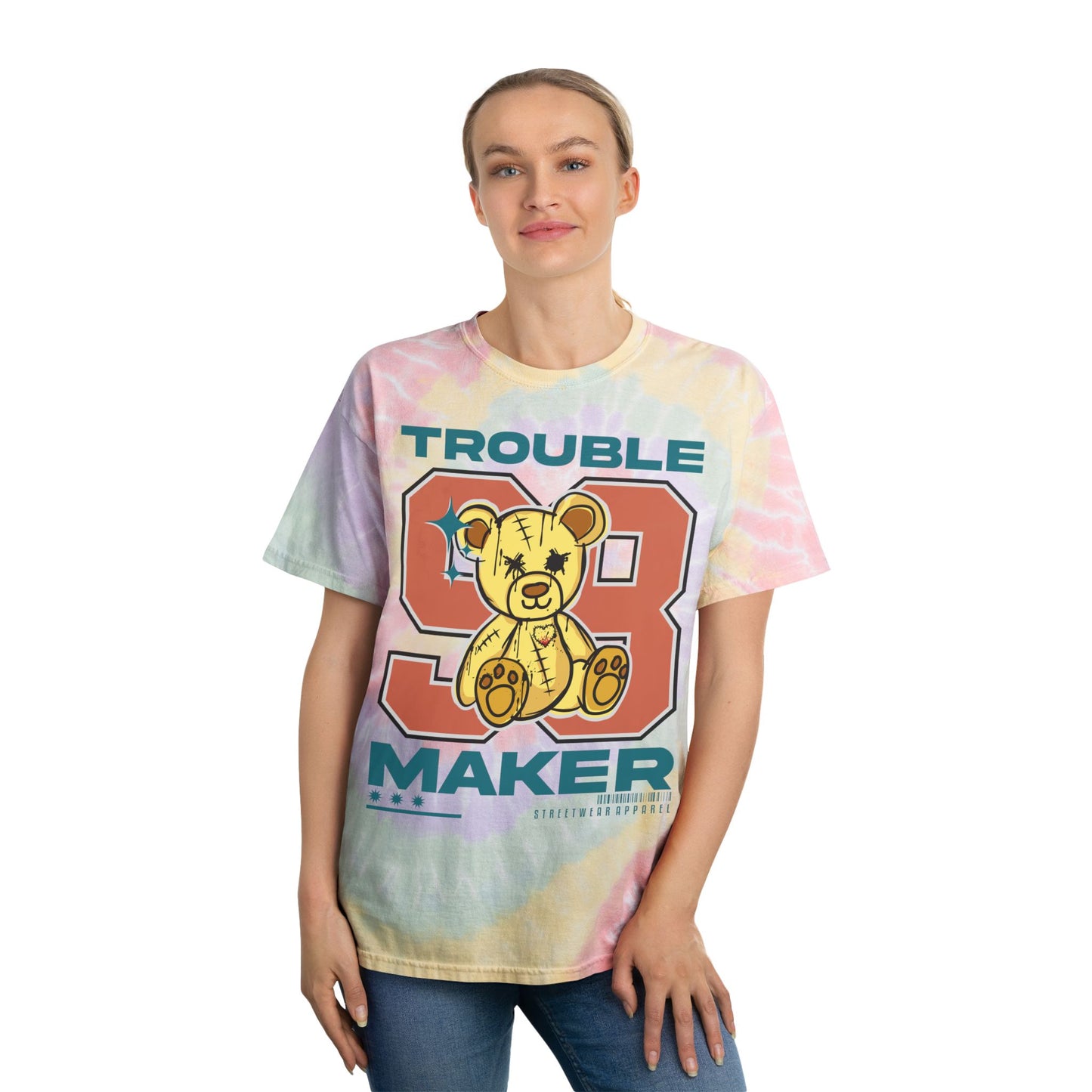 Unisex "Trouble Maker 98" Tie Dye T-Shirt – Y2K Style Streetwear Graphic Tee with Teddy Bear – Soft Cotton Pastel Shirt