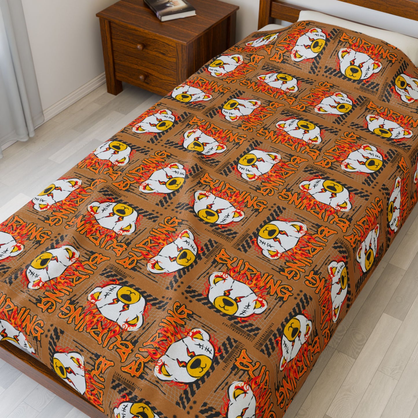 "Burning" Fiery Graphic Velveteen Plush Blanket – Soft Brown Throw with Flaming Bear – Streetwear Home Decor for Fall 60" × 80"