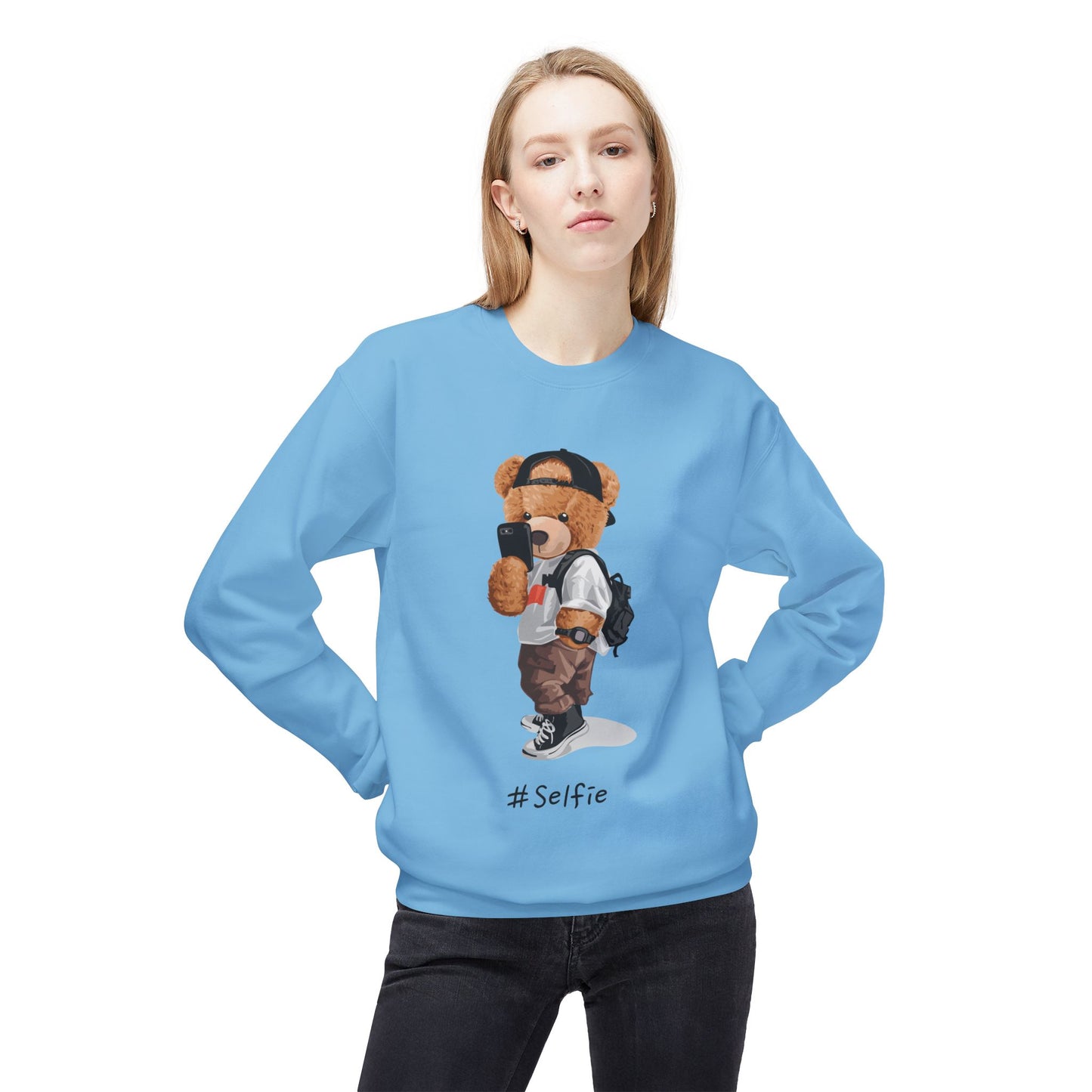 Cute Bear Selfie Sweatshirt, Trendy Gift for Teens, Cozy Fleece Crew, Fashionable Streetwear, Perfect for Casual Days, Instagram Vibes