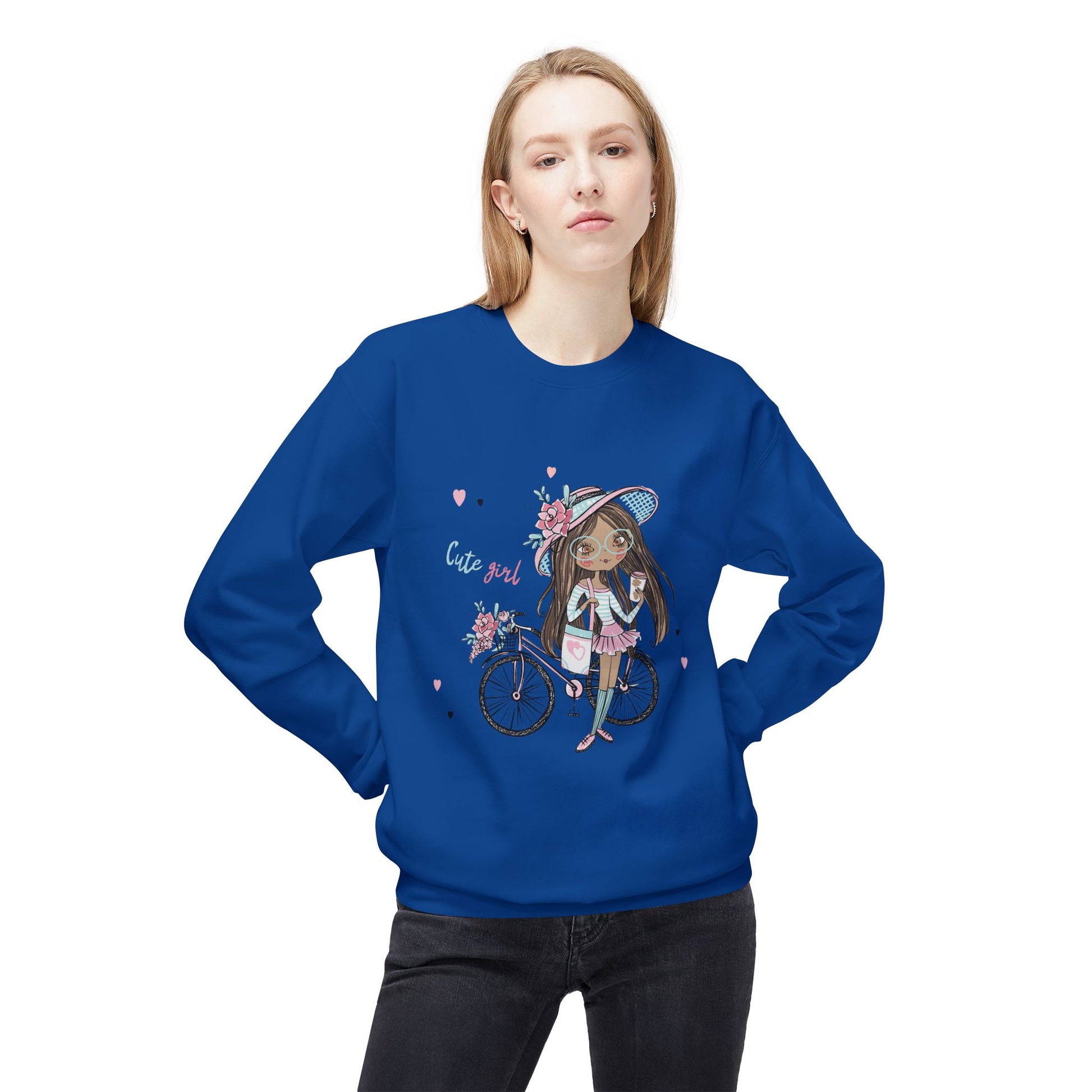 Cute Girl on Bicycle Sweatshirt, Cozy Fleece Crewneck, Spring Fashion, Gift for Her, Casual Sweatshirt, Cartoon Design