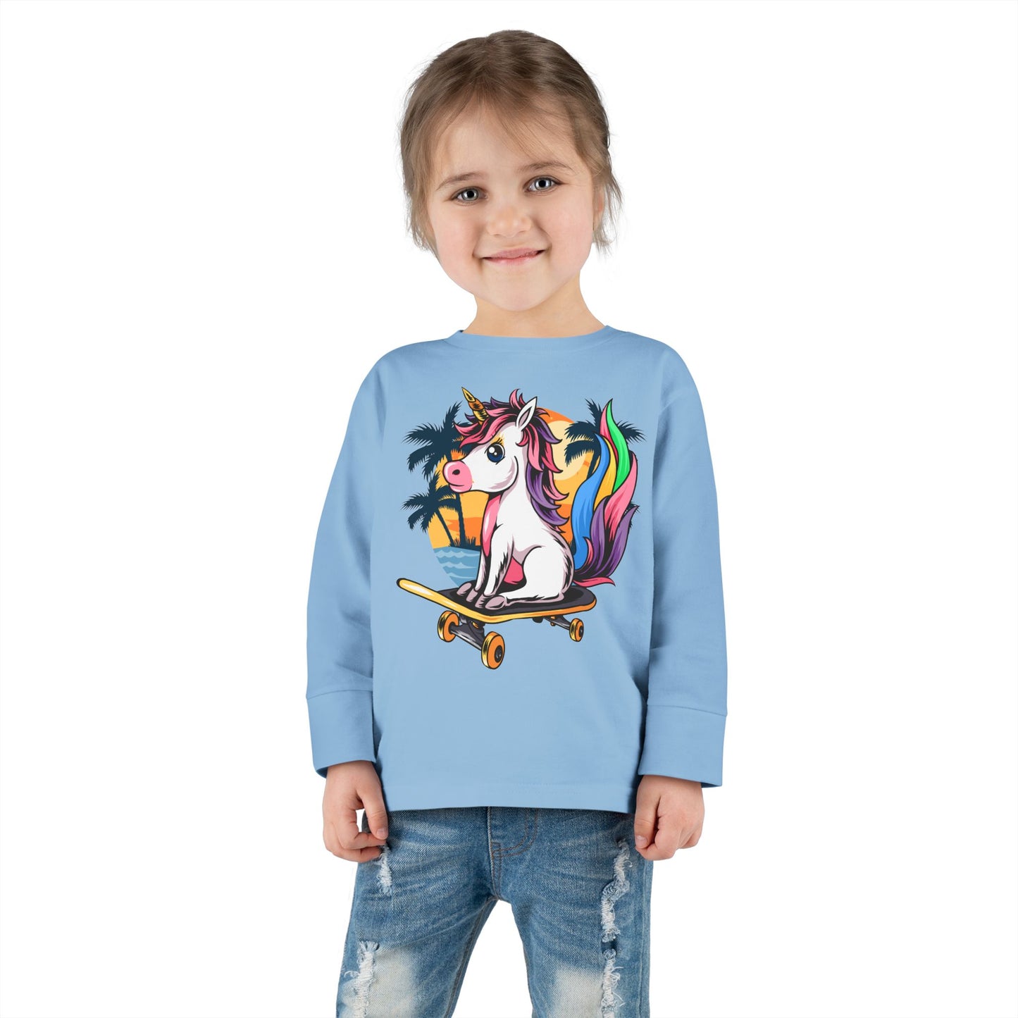 Skateboarding Unicorn Toddler Long Sleeve Tee, Cute Kids Shirt, Unicorn Lover Gift, Playful Toddler Outfit, Birthday Gift
