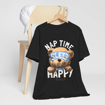 Nap Time Happy Hour Tee, Cute Bear Tee, Unisex Casual Shirt, Gift for Nappers, Relaxation Apparel, Fun Sleepwear