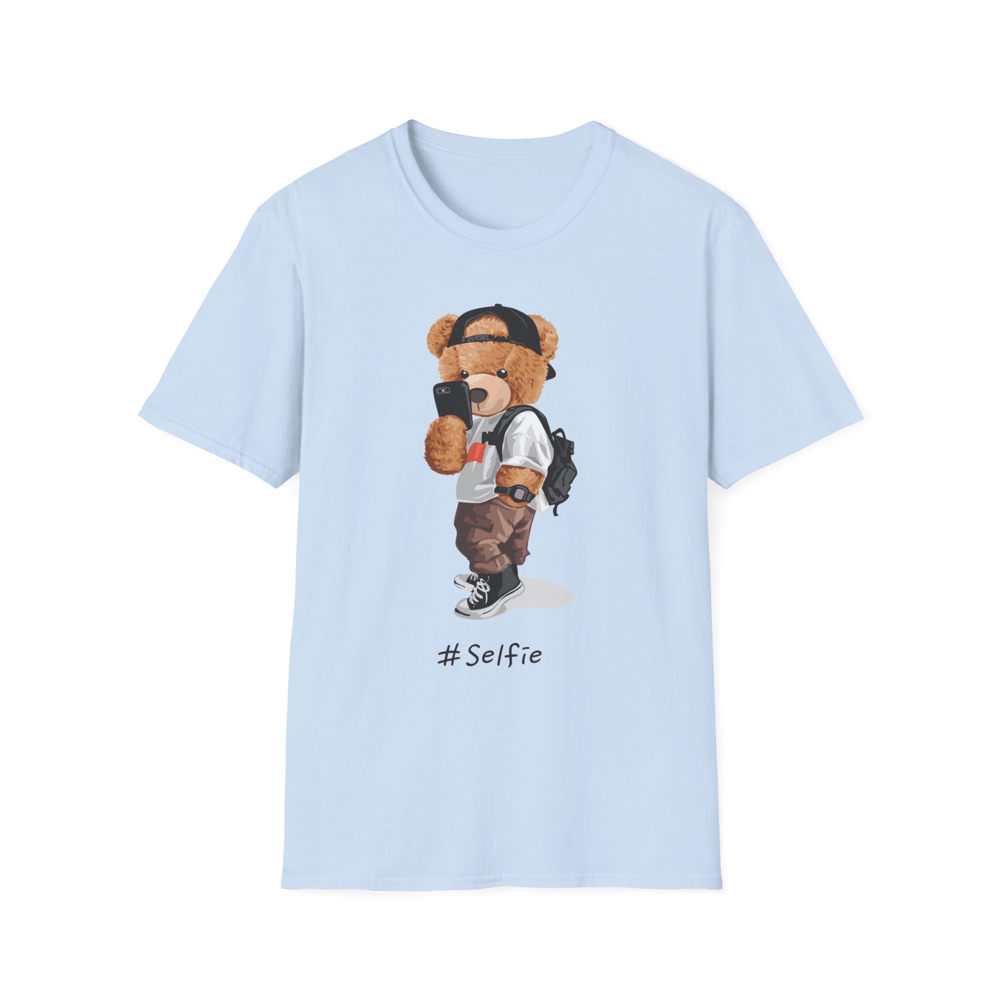 Selfie Bear Unisex T-Shirt | Cute Graphic Tee for Animal Lovers, Perfect Gift for Birthdays, Music Festivals, Casual Wear, or Everyday Style Light Blue