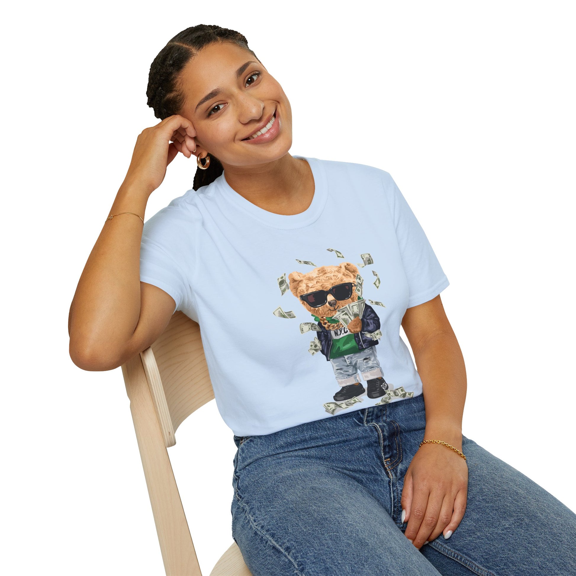 Rich Boy Graphic T-Shirt | Unisex Softstyle Tee | Cute Bear Design | Casual Wear | Gift for Kids | Birthday & Holiday